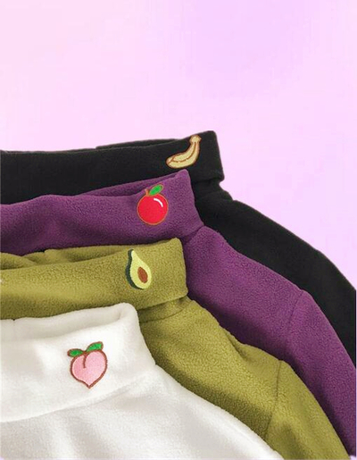 Peach Fruits Embroidery Turtleneck Fleece T-shirt