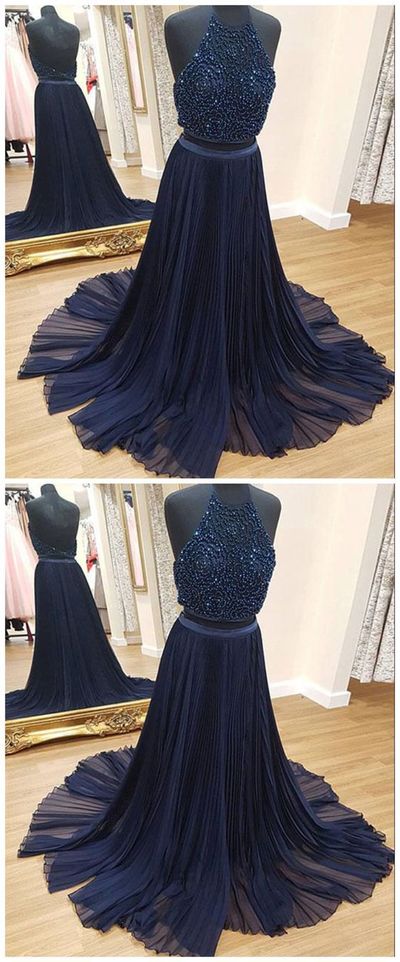 Unique A-Line Prom Dresses,Two Piece Prom Dresses,Navy Blue Evening Party Dresses with Beading