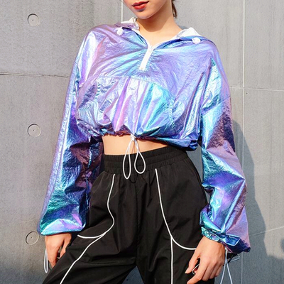 Hologram metallic zip hoodie crop top