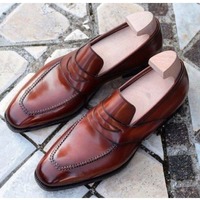 Handmade Brown Loafer Moccasins Shoes, Men's Leather Slip On Dress Shoes  - Thumbnail 1