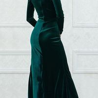 Dark Green Mermaid Prom Dresses Sexy Deep V Neck Long Sleeve Side Slit Evening Gowns - Thumbnail 1