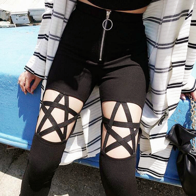 Cyber Punk Hollow Out Star Zip Up Black Skinny Pants