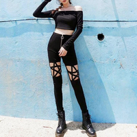 Cyber Punk Hollow Out Star Zip Up Black Skinny Pants - Thumbnail 1