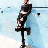 Cyber Punk Hollow Out Star Zip Up Black Skinny Pants - Thumbnail 2