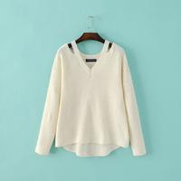 Moonshine Ribbed V Neck Long Sleeves Loose Waffle Knit Flared Sweater - Thumbnail 1