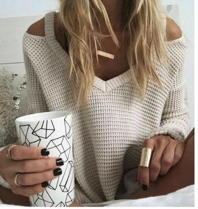 Moonshine Ribbed V Neck Long Sleeves Loose Waffle Knit Flared Sweater