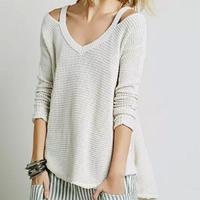 Moonshine Ribbed V Neck Long Sleeves Loose Waffle Knit Flared Sweater - Thumbnail 2