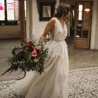 A Line Tulle Wedding Dresses Sexy Deep V Neck Appliques Bridal Gowns - Thumbnail 1