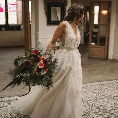 A line tulle wedding dresses sexy deep v neck appliques bridal gowns