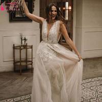 A Line Tulle Wedding Dresses Sexy Deep V Neck Appliques Bridal Gowns - Thumbnail 2