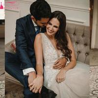 A Line Tulle Wedding Dresses Sexy Deep V Neck Appliques Bridal Gowns - Thumbnail 3