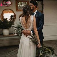 A Line Tulle Wedding Dresses Sexy Deep V Neck Appliques Bridal Gowns - Thumbnail 4