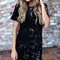 Round Neck Sequins Short Sleeve Dress - Thumbnail 1
