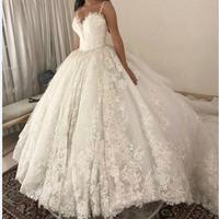 Beautiful Princess Wedding Dresses Spaghetti Strap Lace Appliques Chapel Wedding Gown Long Train Backless Robes De Mariee - Thumbnail 1