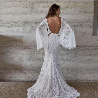 Stunning full lace mermaid beach wedding dresses v-neck juliet long sleeve bohemian bridal gowns backless robe de mariage
