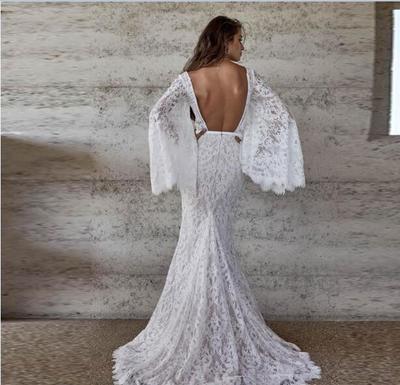 Stunning Full Lace Mermaid Beach Wedding Dresses V-neck Juliet Long Sleeve Bohemian Bridal Gowns Backless robe de mariage