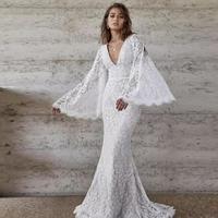 Stunning Full Lace Mermaid Beach Wedding Dresses V-neck Juliet Long Sleeve Bohemian Bridal Gowns Backless robe de mariage - Thumbnail 1