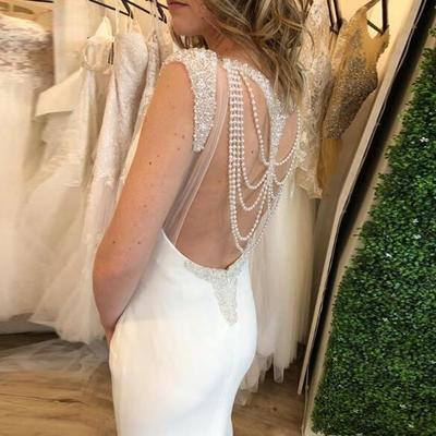 Stylish white mermaid chapel wedding dresses pearls beading sexy back court train real model photos elegant satin sheath garden bridal dress