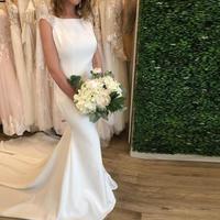 Stylish White Mermaid Chapel Wedding Dresses Pearls Beading Sexy Back Court Train Real Model Photos Elegant Satin Sheath Garden Bridal Dress - Thumbnail 1