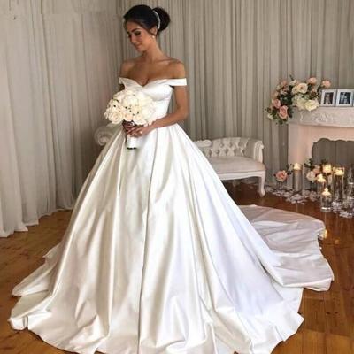 Chic ivory satin wedding dresses 2019 princess ball bridal gowns off the shoulder dubai arabic bridal wedding sweep train