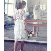 Elegant Short Wedding Dresses With Half Sleeve Sheer Neck Appliques Lace Bridal Gowns Vestido De Novia Little White dresses For Bride - Thumbnail 1