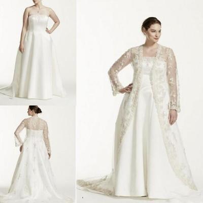  plus size two pieces wedding dresses strapless a line bridal gowns with sheer long sleeve lace jacket custom made wedding dresses