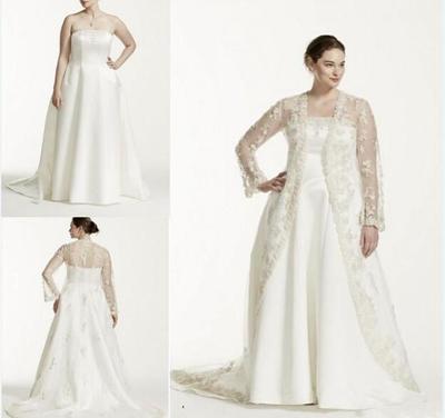 Plus Size Two Pieces Wedding Dresses Strapless A Line Bridal Gowns With Sheer Long Sleeve Lace Jacket Custom Made Wedding Dresses