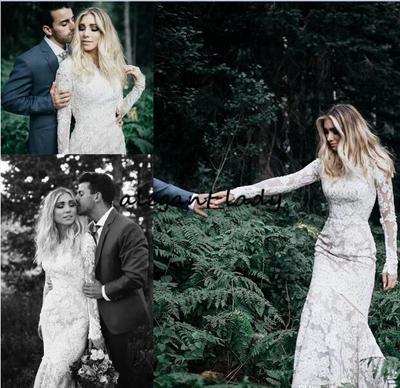 Dramatic Rustic Mermaid Wedding Dresses 2019 Full Lace Vintage Long Sleeve Trumpet Bohemian Country Western Bridal Wedding Gown