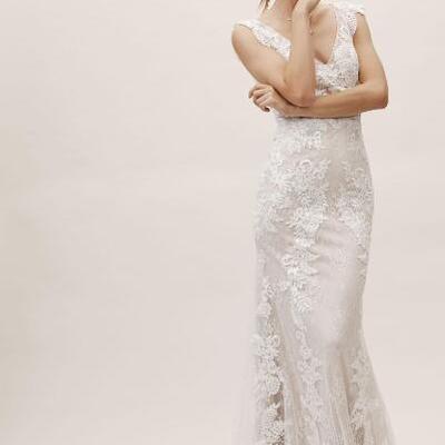Mermaid wedding dresses v neck backless lace appliques sweep train cap sleeve country wedding dress custom made bridal gowns