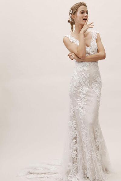 Mermaid Wedding Dresses V Neck Backless Lace Appliques Sweep Train Cap Sleeve Country Wedding Dress Custom Made Bridal Gowns