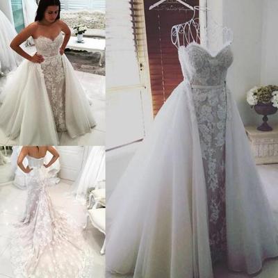 Gorgeous strapless mermaid lace applique sexy detachable train wedding dresses wedding gown custom made wedding party dress