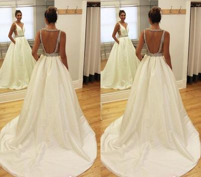 Latest A-line Wedding Dresses Backless Satin Beaded Bridal Wedding Gowns Hochzeitskleid Robe De Mariee