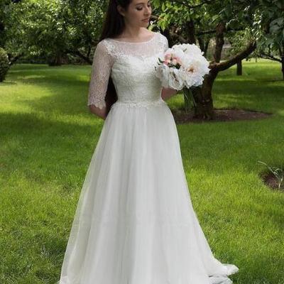 Romantic country wedding dresses tulle a line lace tops half sleeves floor length buttons back new arrival bridal gowns robe de mariee