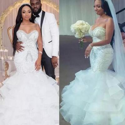 Sexy mermaid wedding dresses with beads sequins layered skirt plus size wedding dress count train shinning zipper back bridal gowns