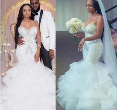 Sexy Mermaid Wedding Dresses With Beads Sequins Layered Skirt Plus Size Wedding Dress Count Train Shinning Zipper Back Bridal Gowns