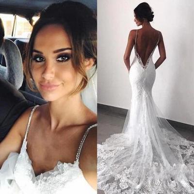 Sexy new backless lace wedding dresses 2019 spaghetti straps mermaid layers appliqued boho bridal gowns 