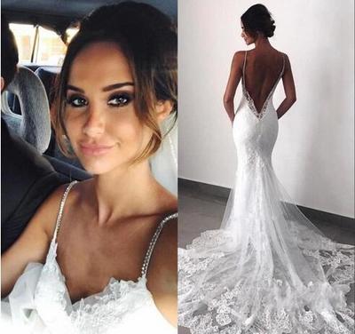 Sexy New Backless Lace Wedding Dresses 2019 Spaghetti Straps Mermaid Layers Appliqued Boho Bridal Gowns 
