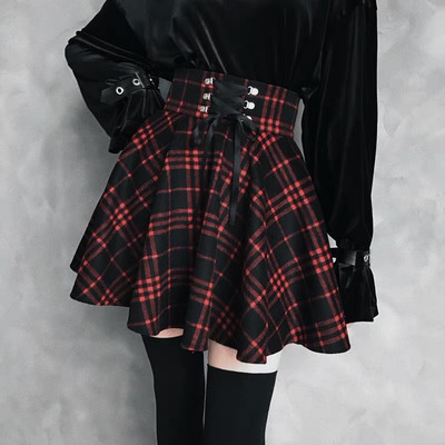 New fashion high waist laced plaid skirt - Thumbnail 4