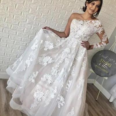 Elegant one shoulder country wedding dresses long sleeve silver white bridal gowns saudi arabic sweep train lace plus size brida gowns