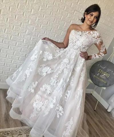 Elegant One Shoulder country Wedding Dresses long Sleeve silver white Bridal Gowns Saudi Arabic Sweep Train Lace Plus Size brida gowns