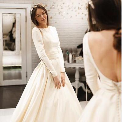 Ivory round neck bridal gown long sleeves open back satin wedding dresses bride gown sweep train elegant a line wedding dresses custom