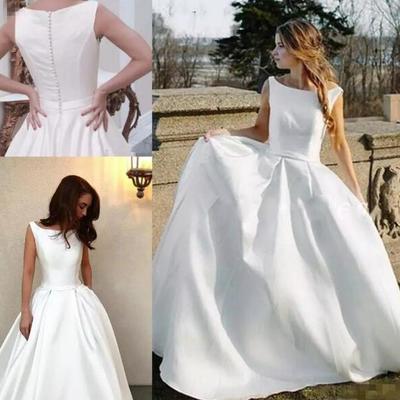 Country simple wedding dresses jewel sweep train covered button garden chapel bridal gowns vestido de novia plus size