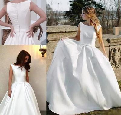 Country Simple Wedding Dresses Jewel Sweep Train Covered Button Garden Chapel Bridal Gowns vestido de novia Plus Size