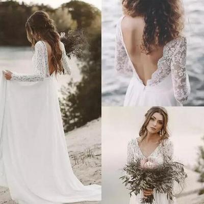 Fall white top lace cheap country beach wedding dresses v neck full sleeve chiffon low back bohemian bridal gowns slim casual bride