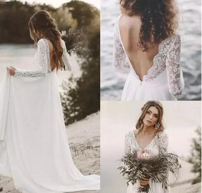 Fall White Top Lace Cheap Country Beach Wedding Dresses V Neck Full Sleeve Chiffon Low Back Bohemian Bridal Gowns Slim casual Bride