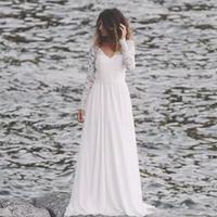 Fall White Top Lace Cheap Country Beach Wedding Dresses V Neck Full Sleeve Chiffon Low Back Bohemian Bridal Gowns Slim casual Bride - Thumbnail 1