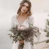 Fall White Top Lace Cheap Country Beach Wedding Dresses V Neck Full Sleeve Chiffon Low Back Bohemian Bridal Gowns Slim casual Bride - Thumbnail 2