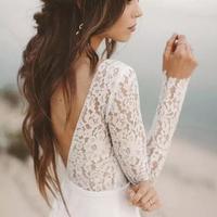 Fall White Top Lace Cheap Country Beach Wedding Dresses V Neck Full Sleeve Chiffon Low Back Bohemian Bridal Gowns Slim casual Bride - Thumbnail 4