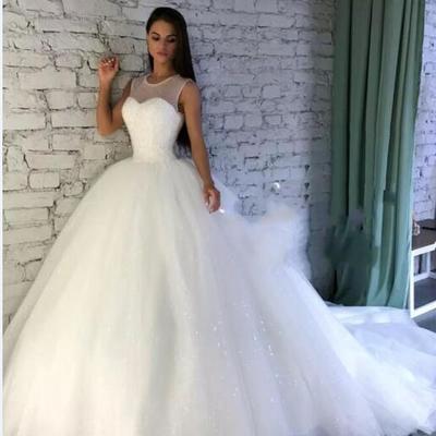 Sparkling wedding dresses with sheer jewel neckline sequins ball gown wedding dress with count train custom made bridal gowns plus size - Thumbnail 5