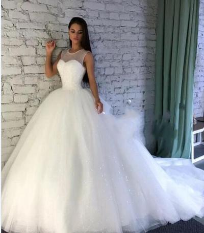 Sparkling Wedding Dresses With Sheer Jewel Neckline Sequins Ball Gown Wedding Dress With Count Train Custom Made Bridal Gowns Plus Size